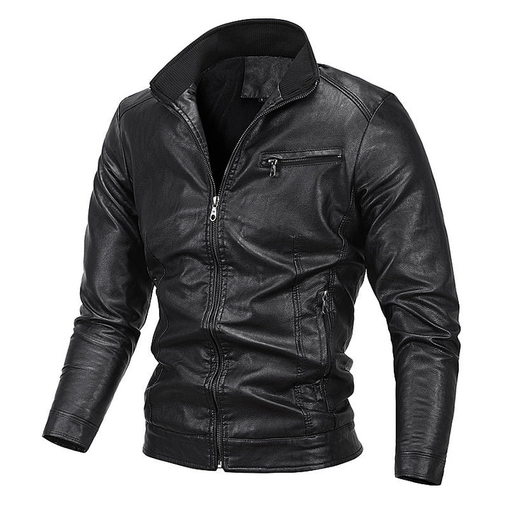 Men's Slim-Fit Faux Leather Blouson with Stand Collar and Zipper Pockets Mune Fashion