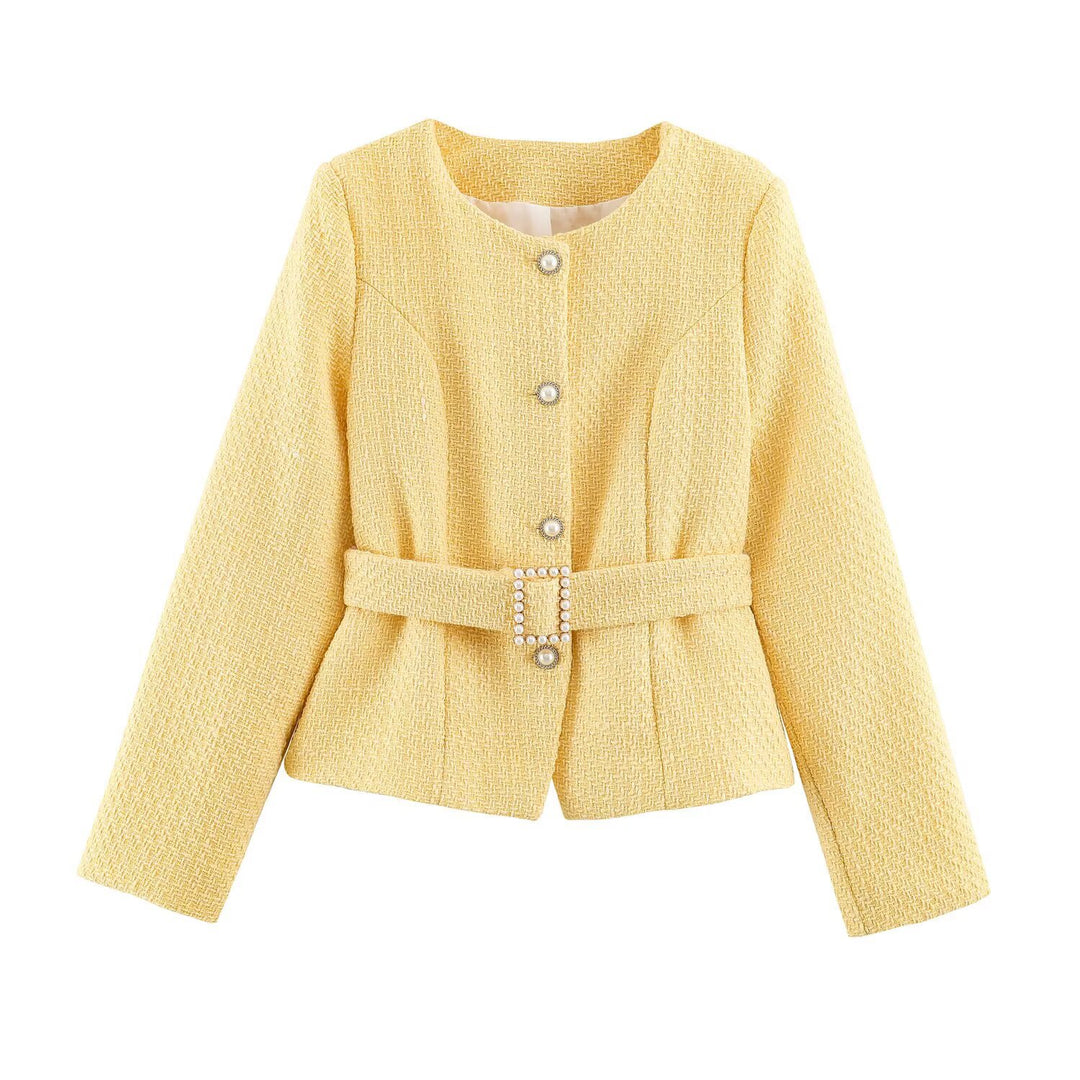 Women's short jacket in boucle tweed style with pearl buttons and waist belt Mune Fashion