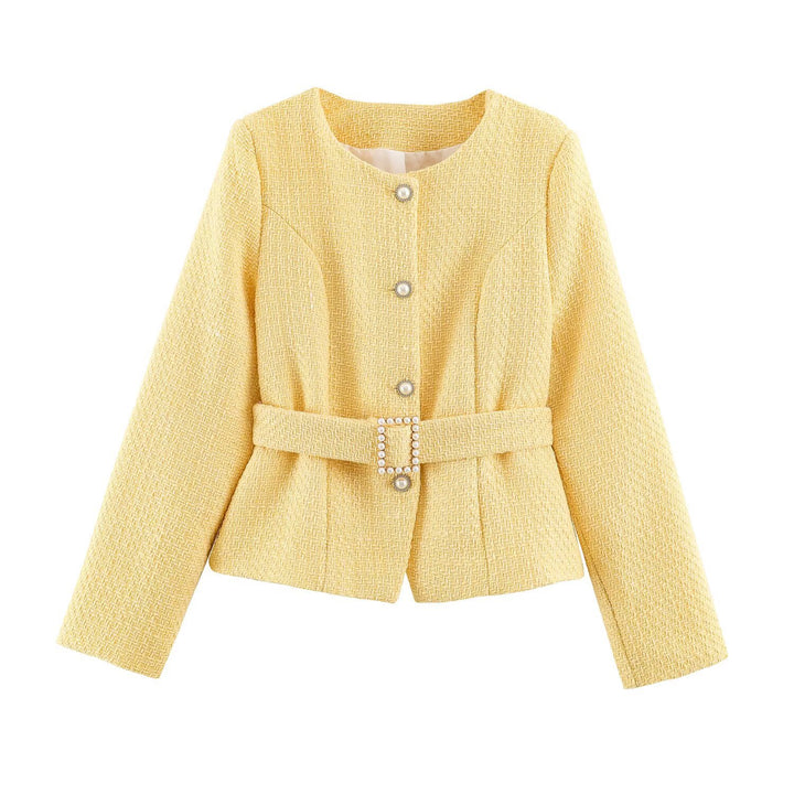 Women's short jacket in boucle tweed style with pearl buttons and waist belt Mune Fashion
