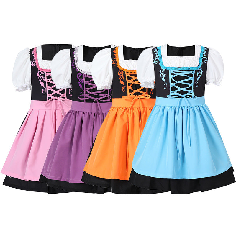 Ladies traditional Dirndl dress with laced bodice, puff sleeves and removable apron Mune Fashion
