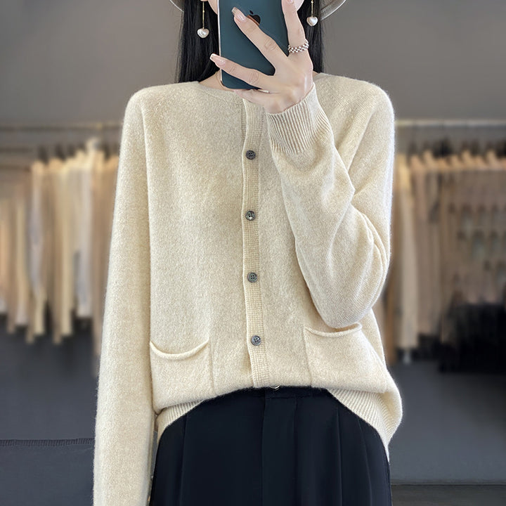 Women's Long Fine Knit Cardigan with Round Neck, In-seam Pockets and Alpaca Mix Mune Fashion