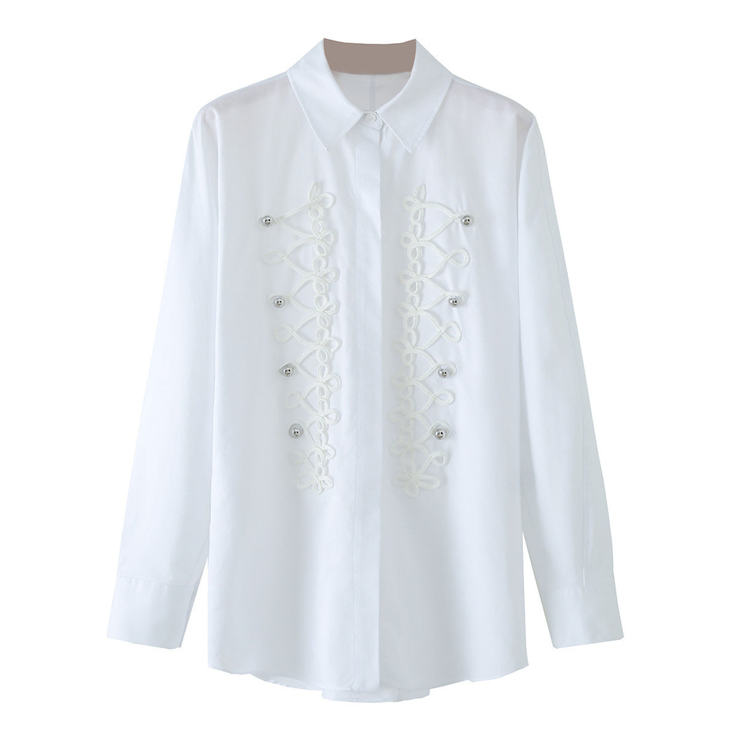 Women Long Sleeve Oversized Blouse with Concealed Button Placket and Decorative Cord Applications Mune Fashion