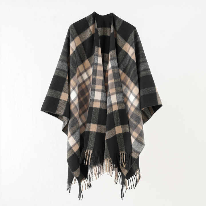 Women Oversize checked wool poncho with fringes Mune Fashion