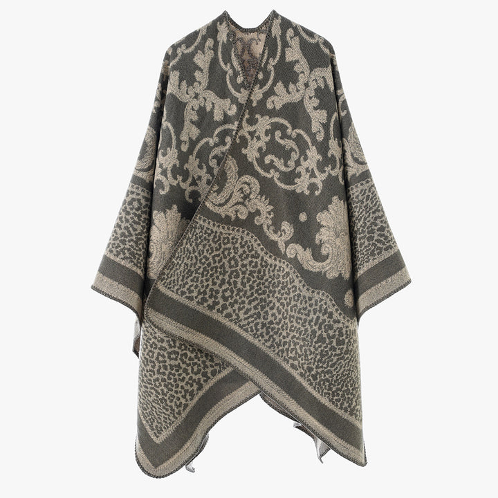 Women Jacquard Wool Blend Cape Poncho with Baroque and Animal Pattern Mune Fashion