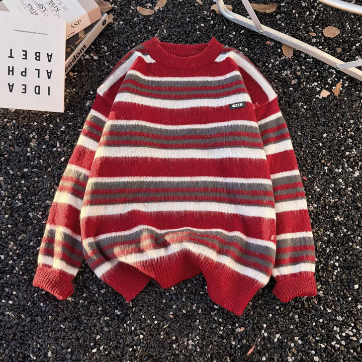 Unisex Striped Oversized Mohair-Look Sweater with Round Neck and Soft Texture Mune Fashion
