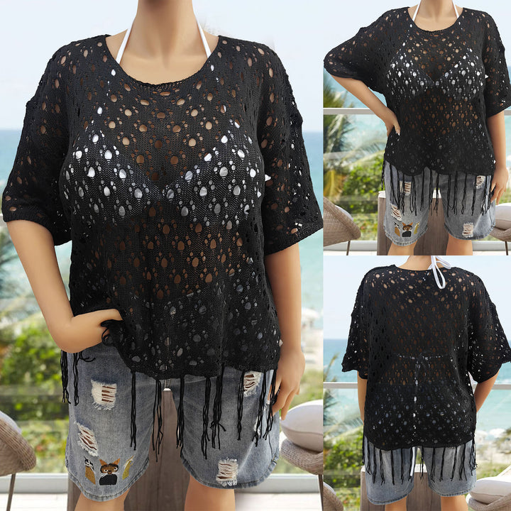 Women's airy crochet beach cover-up with fringes Mune Fashion