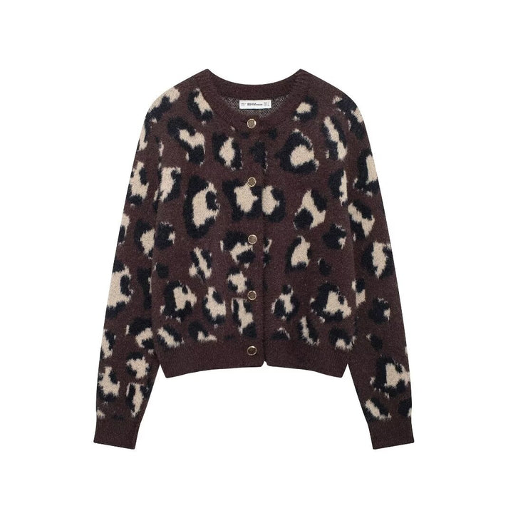 Women's cozy cardigan with leopard pattern, round neck and continuous button placket Mune Fashion
