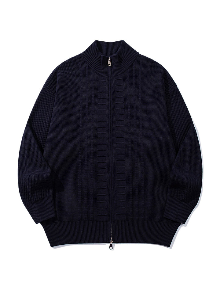 Men's chunky knit zip jacket with stand-up collar and two-way opening zipper Mune Fashion