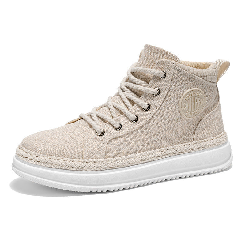 Women's high casual sneakers with mottled textile upper material, braided jute decorative edge, and cushioned platform sole Mune Fashion