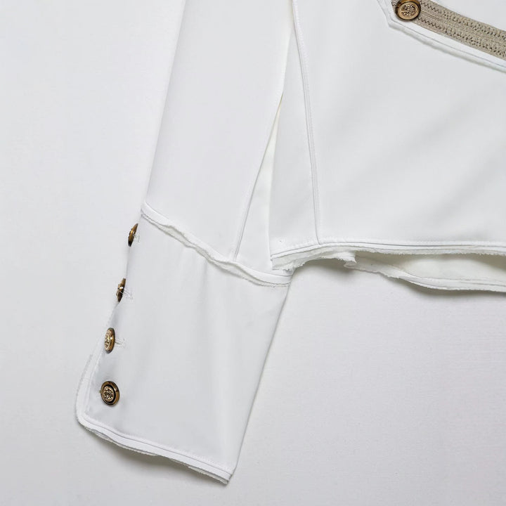 Ladies short jacket in military style with asymmetrical decorative strip, shoulder epaulettes and gold buttons Mune Fashion