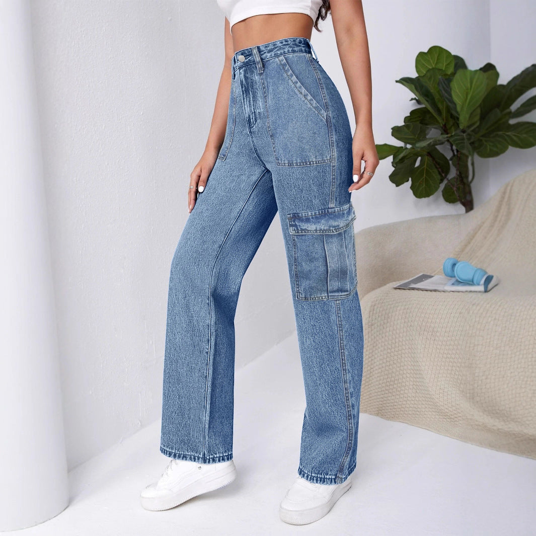 Women High-Waisted Cargo Wide Jeans with Patch Pockets and Elastic Hem Mune Fashion