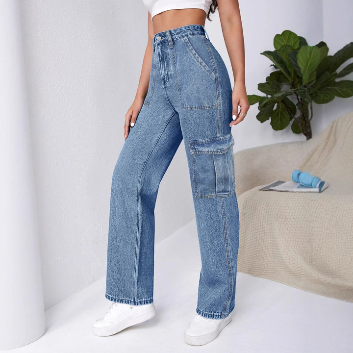 Women High-Waisted Cargo Wide Jeans with Patch Pockets and Elastic Hem Mune Fashion