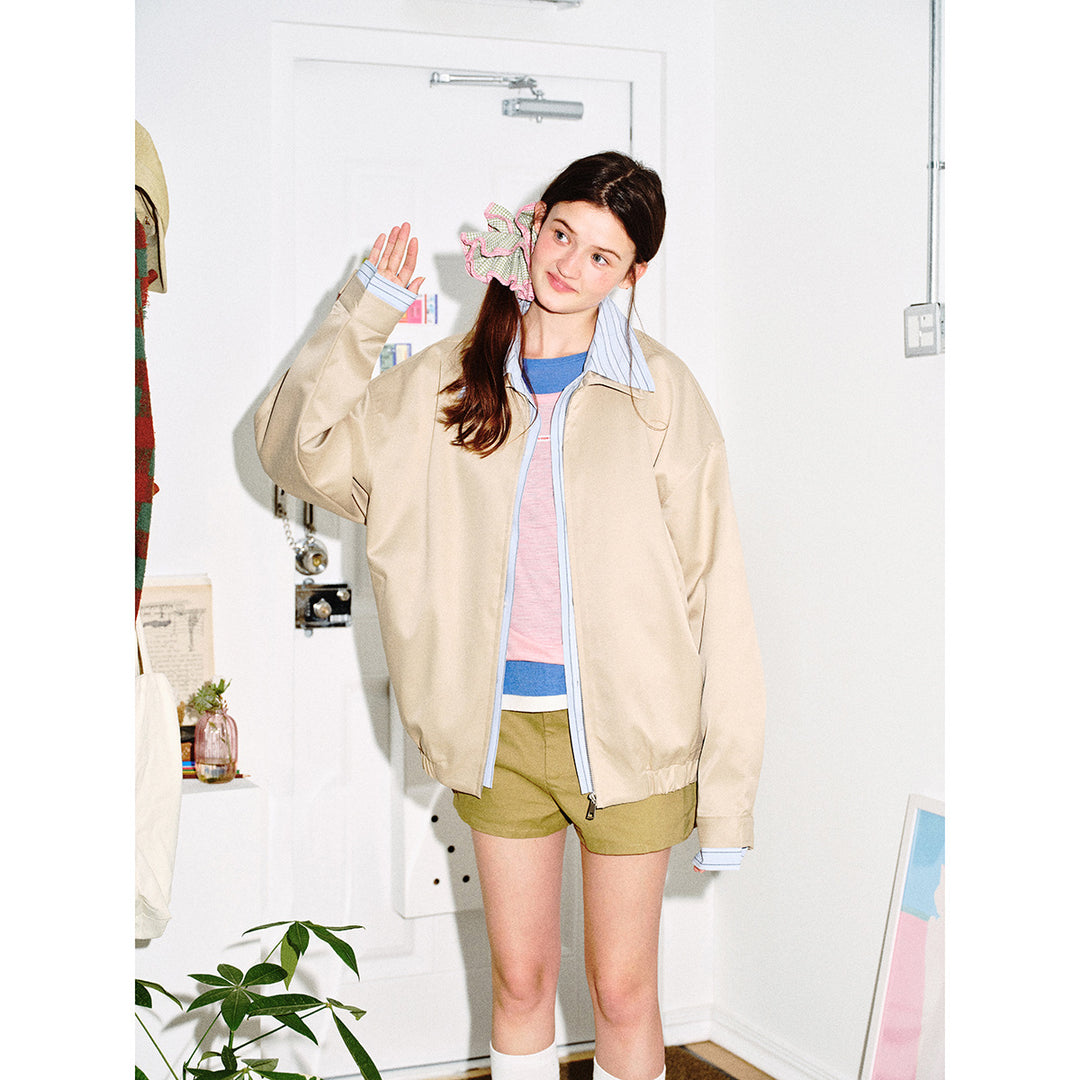Women short cut boxy blouson jacket with striped shirt collar Mune Fashion