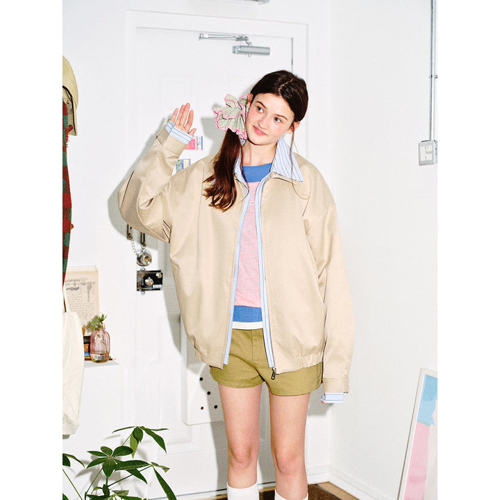 Women short cut boxy blouson jacket with striped shirt collar Mune Fashion
