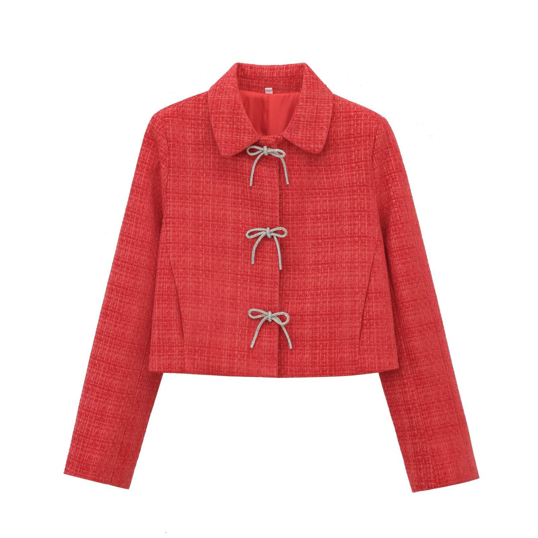 Women's Short Boucle Tweed Jacket with Peter Pan Collar and Decorative Bow Closures Mune Fashion
