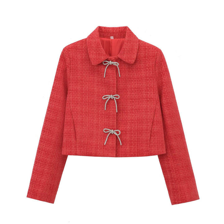 Women's Short Boucle Tweed Jacket with Peter Pan Collar and Decorative Bow Closures Mune Fashion