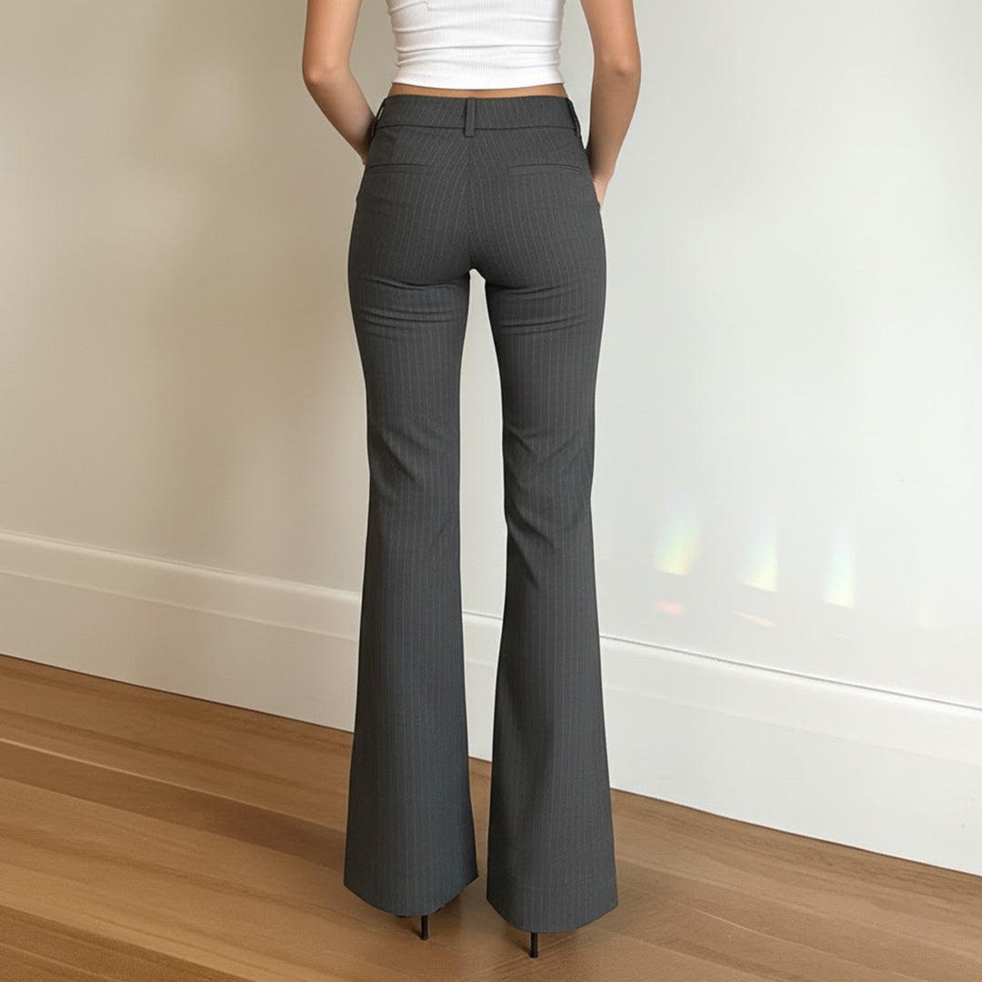 Women High-Waisted Stretch Flared Trousers with Pinstripes and Double Button Mune Fashion