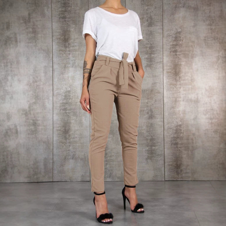 Women's fitted paperbag pants with belt and slim leg Mune Fashion