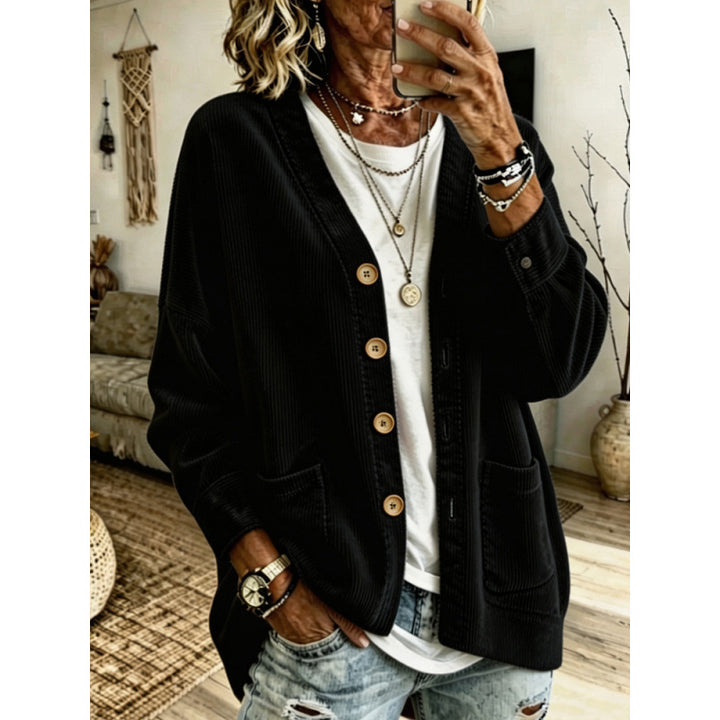 Women's Oversized Cord Cardigan with Patch Pockets and Wooden Buttons Mune Fashion