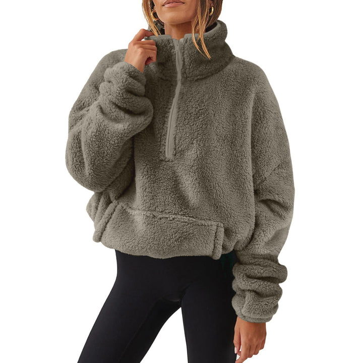 Women’s Oversize Half-Zip Teddy Fleece Pullover with Kangaroo Pocket and High Stand Collar Mune Fashion