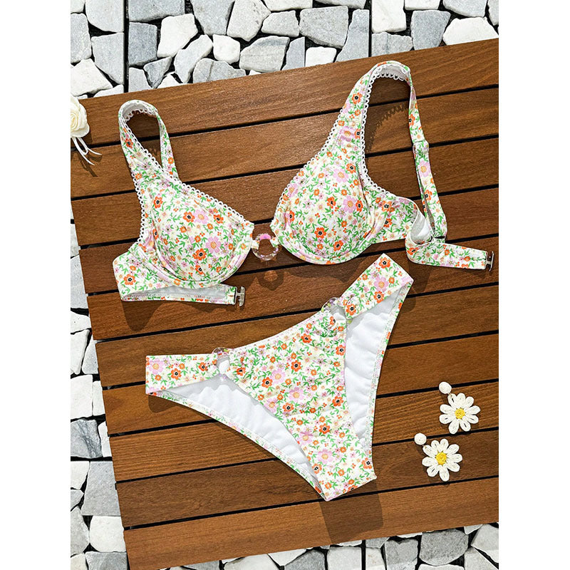 Women's bikini set with floral print and sophisticated ruffles
