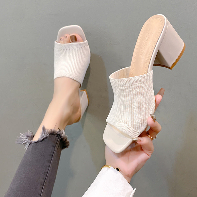 Women's knit mule with open toe area and medium high block heel Mune Fashion