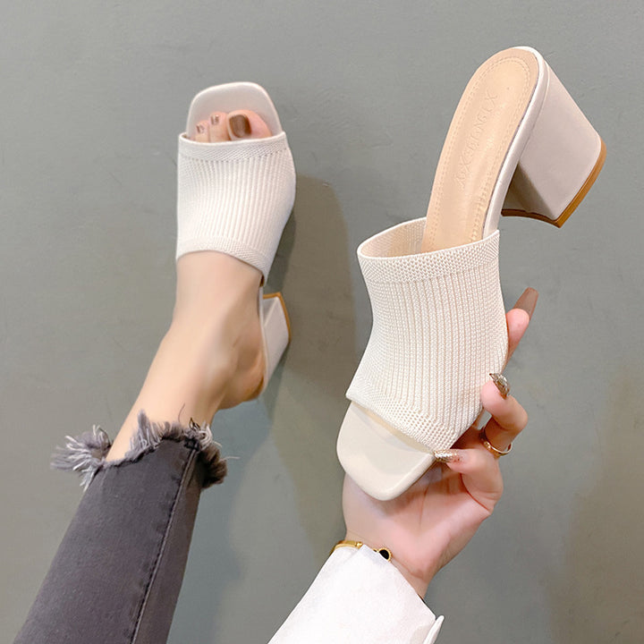 Women's knit mule with open toe area and medium high block heel Mune Fashion