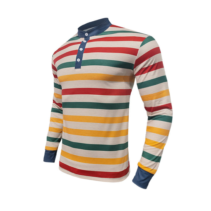 Men's striped long-sleeve Henley shirt with stand-up collar and button placket Mune Fashion