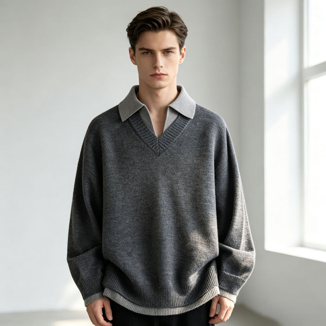 Unisex Casual Structured Knit Sweater with Open Polo Collar and Deep V-Neck Mune Fashion