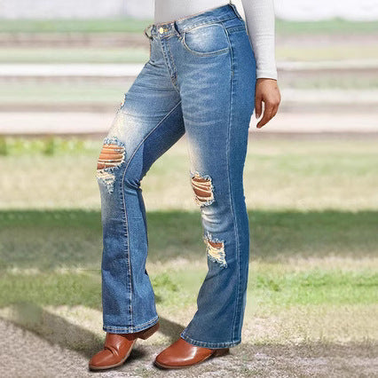 Women's Bootcut Jeans with Knee Rips made of Stretch Denim and Mid Rise Mune Fashion