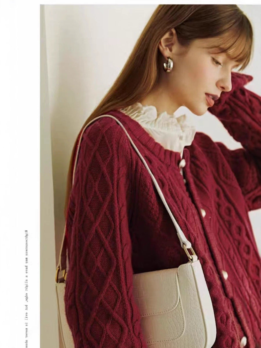 Ladies Cozy Braid and Diamond Knit Cardigan with Mother-of-Pearl Button Placket Mune Fashion