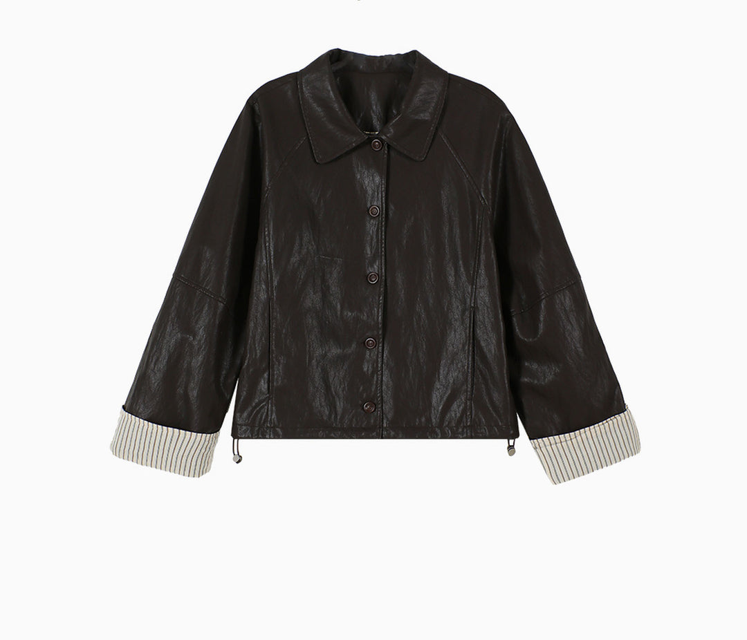 Ladies Modern Leather Jacket with Striped Cuffs Mune Fashion