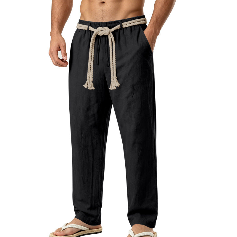 Men's Casual Linen Lounge Pants with Elastic Waistband, Decorative Rope Belt and Side Pockets Mune Fashion