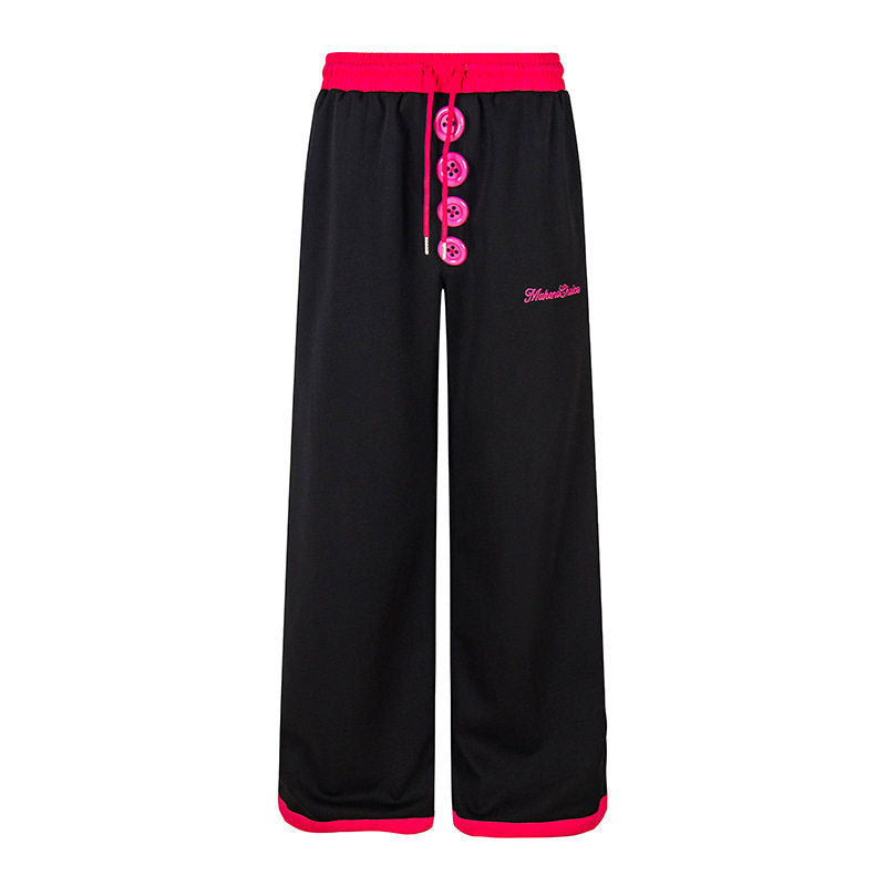 Women Wide Lounge Pants with Decorative Button Placket, High Waist and Drawstring Mune Fashion