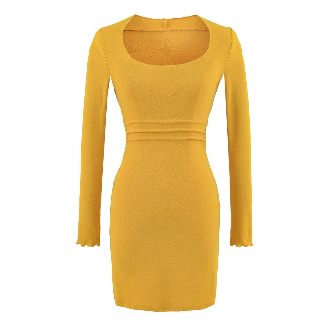 Women's Fitted Midi Dress with Square Neckline and Waist Ruching