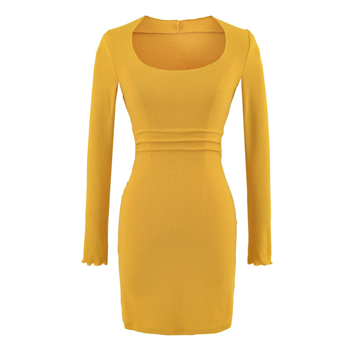 Women's Fitted Midi Dress with Square Neckline and Waist Ruching