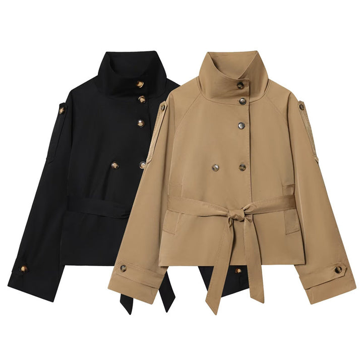 Ladies short jacket in navy-inspired double-breasted design with stand-up collar, decorative buttons, and tie belt Mune Fashion