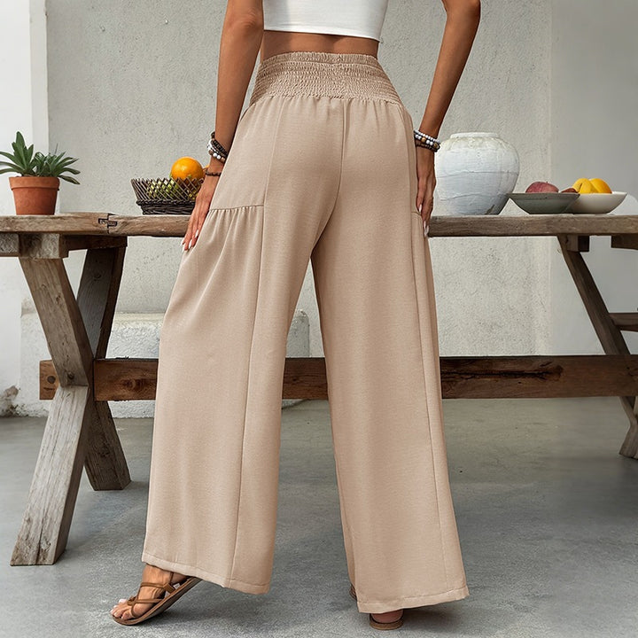 Women's lightweight culotte pants with elastic smocking waistband, wide leg and flowing summer jersey fabric.