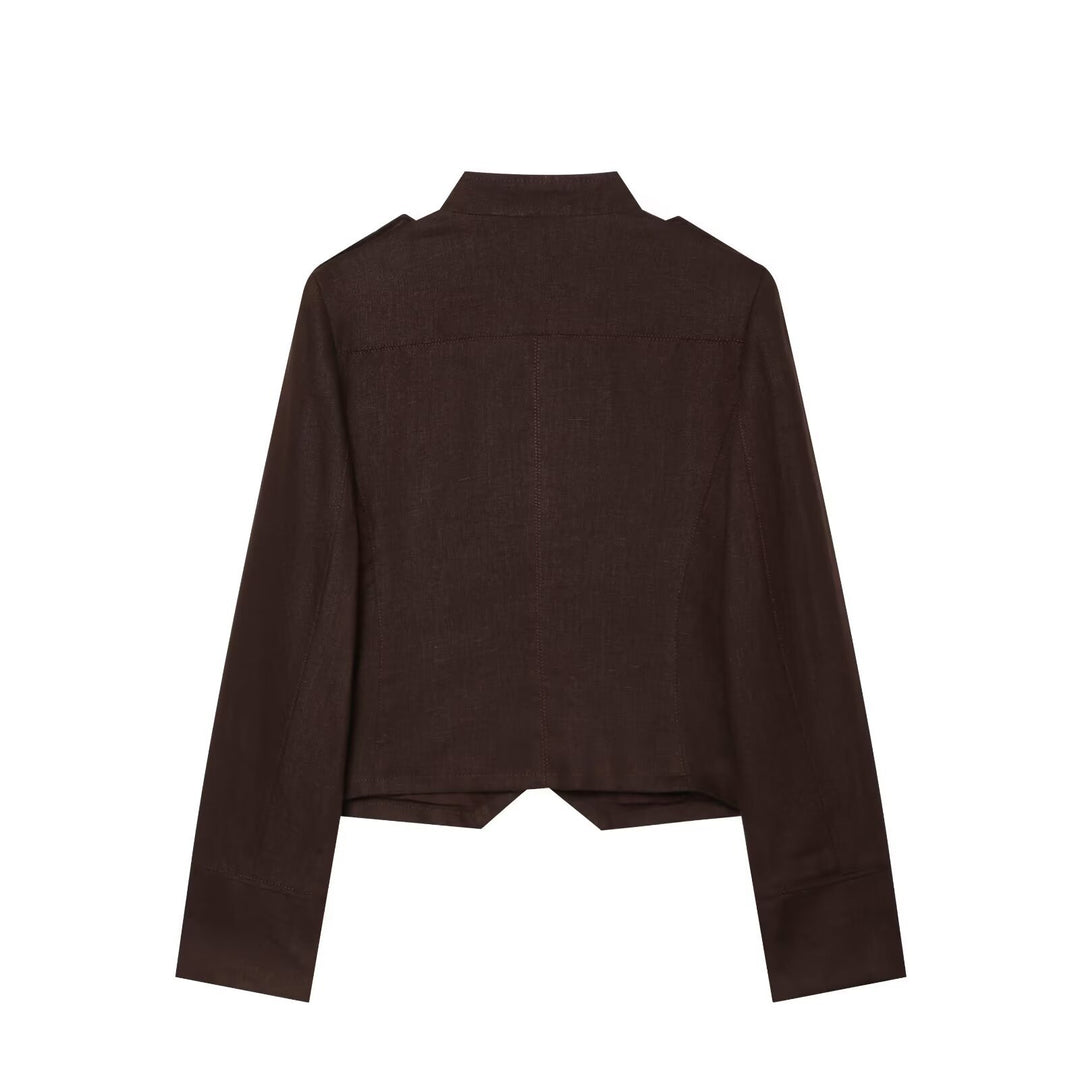 Women's Cropped Field Jacket in Military Style with Stand-Up Collar, Epaulettes and Double Decorative Button Placket Drune