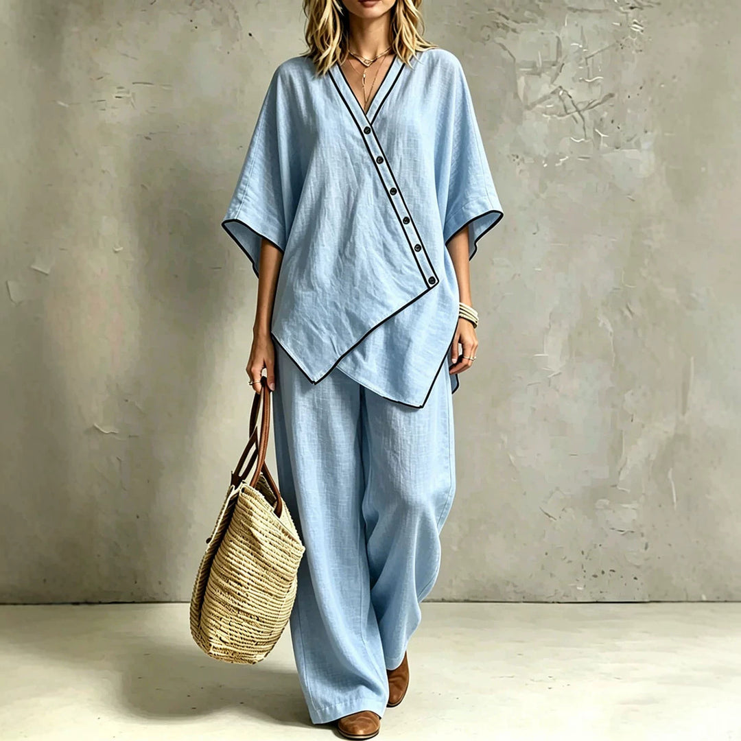 Women's Asymmetric Tunic Loungewear Set with Diagonal Button Placket and Wide Palazzo Pants Drune