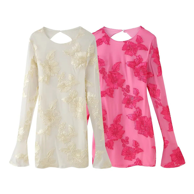 Women’s embroidered chiffon blouse with floral 3D appliqué, cut-out back and flared cuffs Mune Fashion