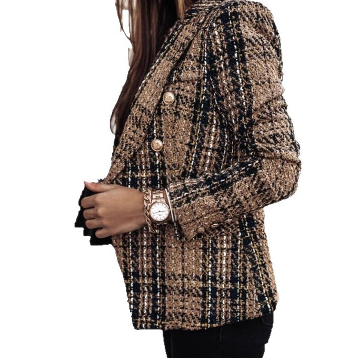 Ladies elegant tweed blazer with double button, textured weave and patch pockets Mune Fashion