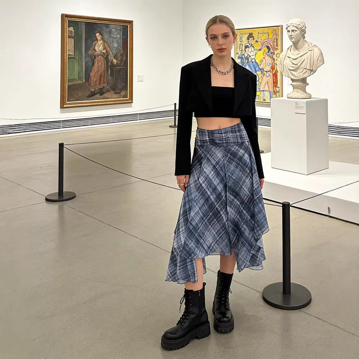 Women Asymmetrical Layered Skirt with High Pleated Belt and Checked Chiffon Mune Fashion