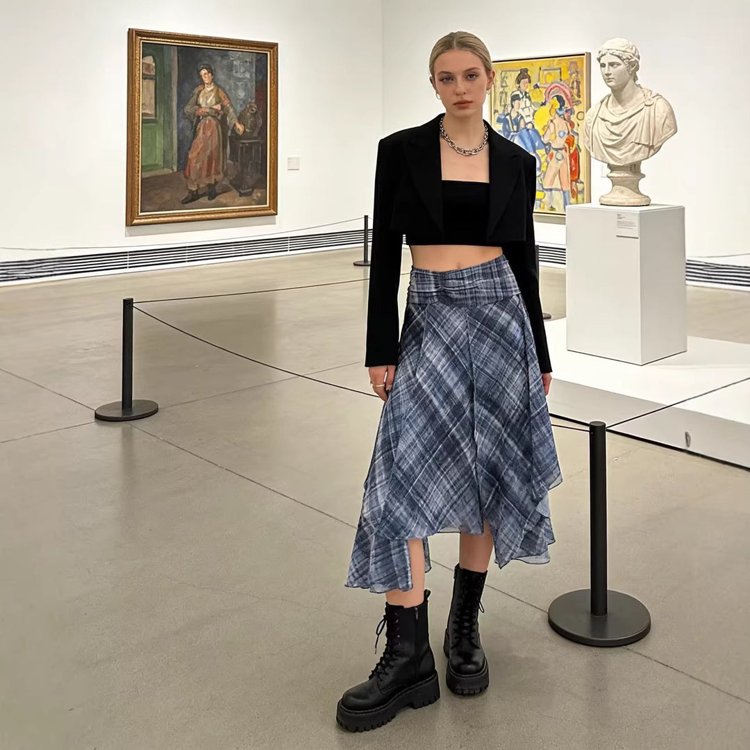 Women Asymmetrical multilayer midi skirt made of chiffon with wide waistband and check pattern Mune Fashion
