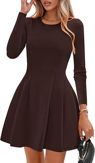 Women's Long-Sleeve A-Line Skater Dress with Figure-Flattering Seams Drune