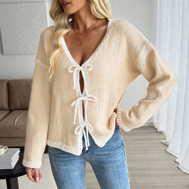Ladies knitted cardigan with bow closure and deep V-neck Mune Fashion