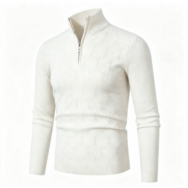Men's Fitted Stand Collar Sweater with Half Zipper and Geometric Textured Knit Mune Fashion