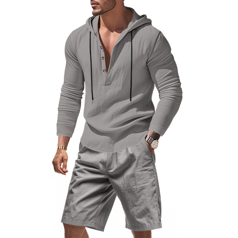 Men's Hoodie Henley Loungewear Set with Linen Look, Drawstring and Elastic Tunnel Shorts Mune Fashion