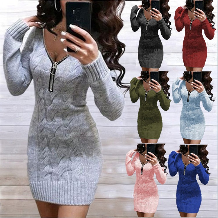 Ladies Knit Dress with Zipper and Cable Pattern Mune