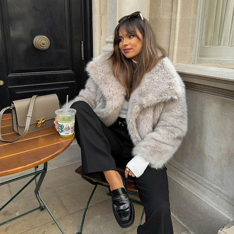 Women's Short Faux Fur Jacket in Bolero Style with Extra Soft Shawl Collar Mune Fashion